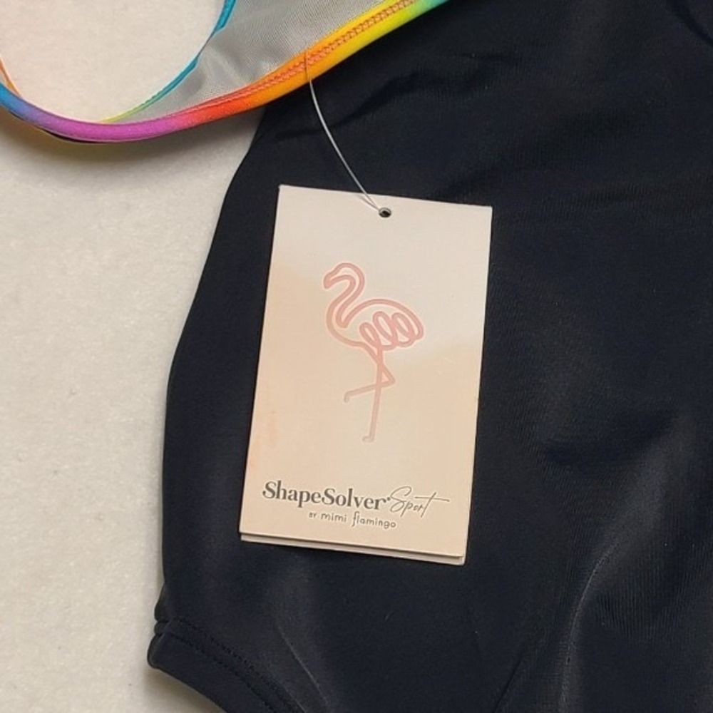 ShapeSolver Sport Mimi Flamingo Black Rainbow Zip Front One Piece Swimsuit 6 NEW - Picture 7 of 9